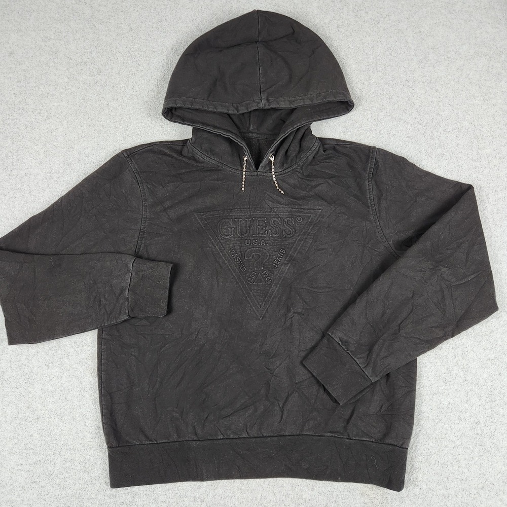 Guess Hoodie Womens Large Black Embossed Triangle Logo Long Sleeve Streetwear